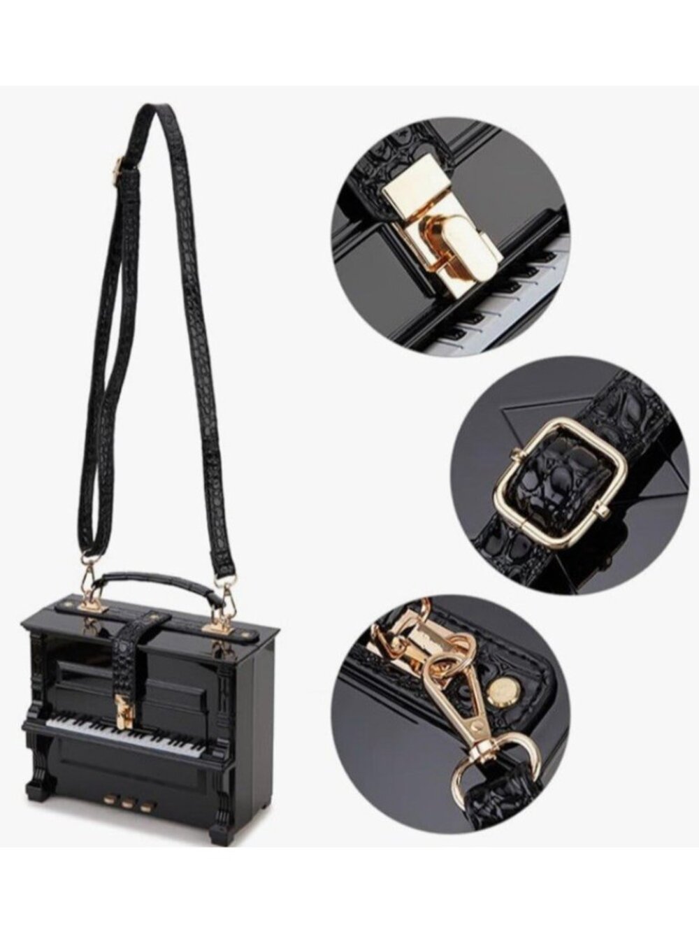 Piano Shaped Crossbody Shoulder Bag Black Acrylic Purse Top Handle New Music - Picture 3 of 7